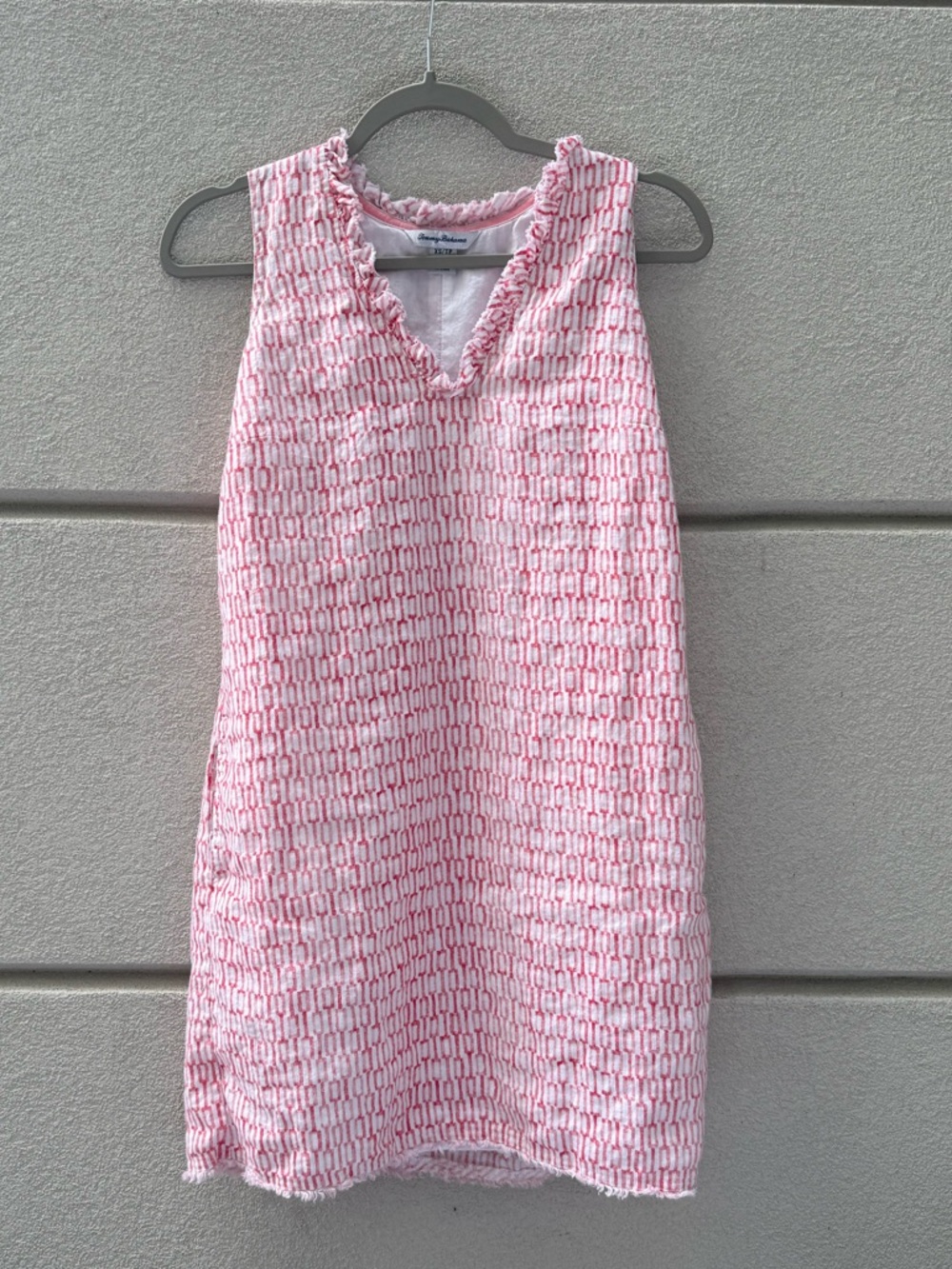 Tommy Bahama XS Pink White 100% Linen Shift Dress Sleeveless Lined Frayed Trim